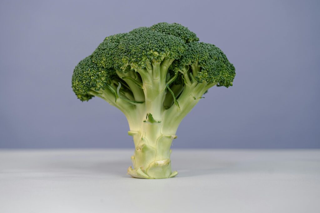 A fresh green broccoli head on a white surface, showcasing its natural beauty.
